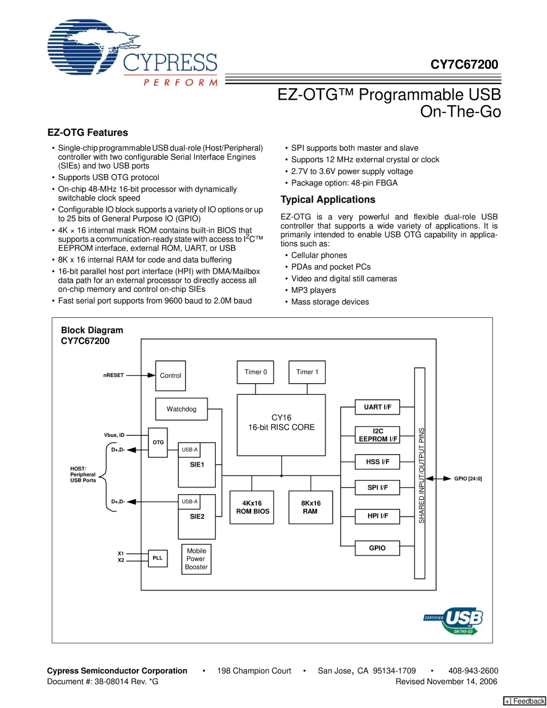 Cypress CY7C67200 manual EZ-OTG Features, Typical Applications, CY16, Cypress Semiconductor Corporation 