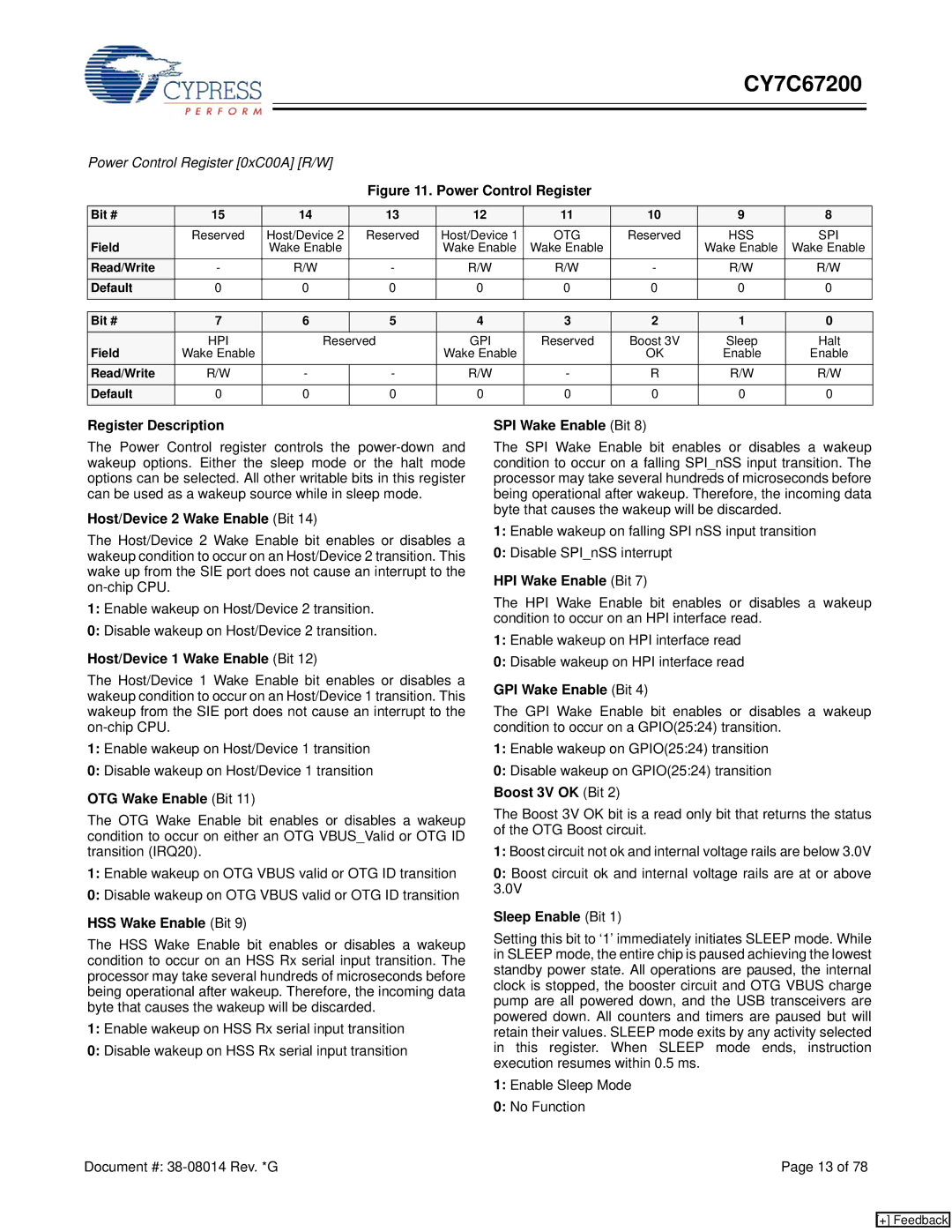 Cypress CY7C67200 Host/Device 2 Wake Enable Bit, Host/Device 1 Wake Enable Bit, OTG Wake Enable Bit, HSS Wake Enable Bit 