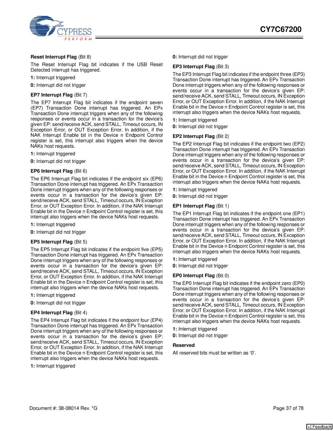 Cypress CY7C67200 manual Reset Interrupt Flag Bit, EP7 Interrupt Flag Bit, EP6 Interrupt Flag Bit, EP5 Interrupt Flag Bit 