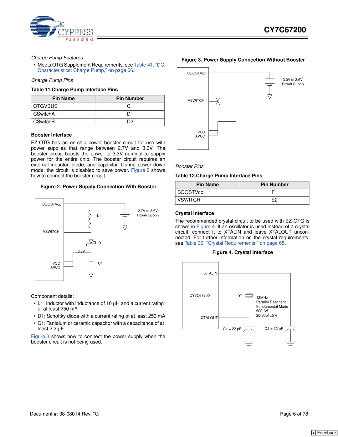 Cypress CY7C67200 manual Charge Pump Interface Pins Pin Name Pin Number, Booster Interface, Crystal Interface 