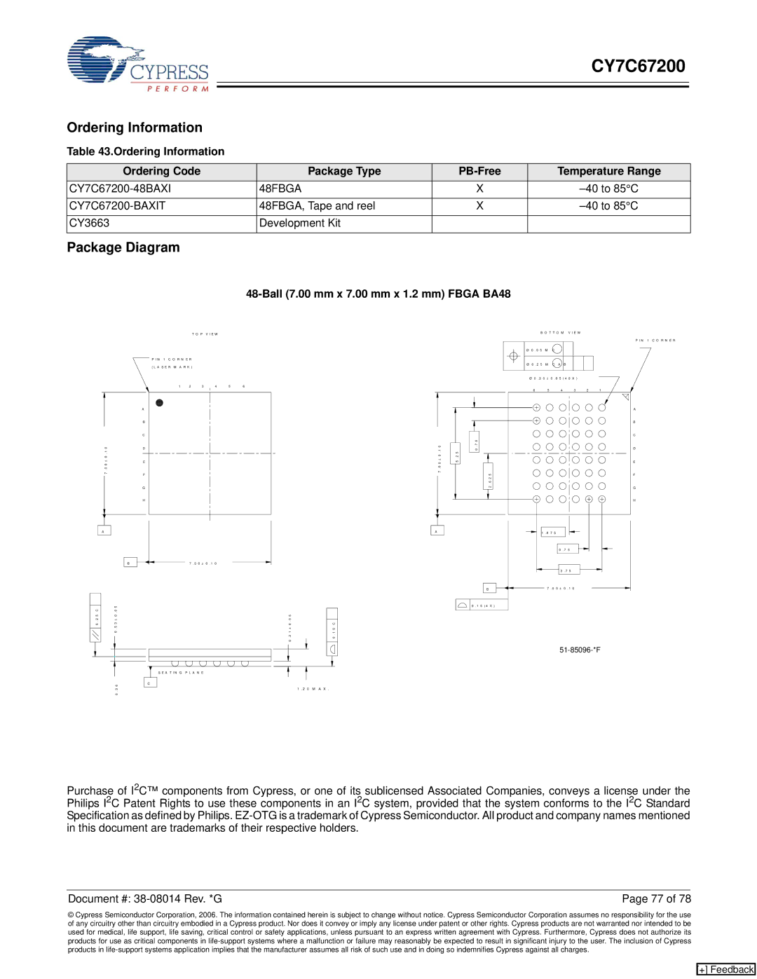 Cypress CY7C67200 manual Package Diagram, Ordering Information Ordering Code Package Type PB-Free 