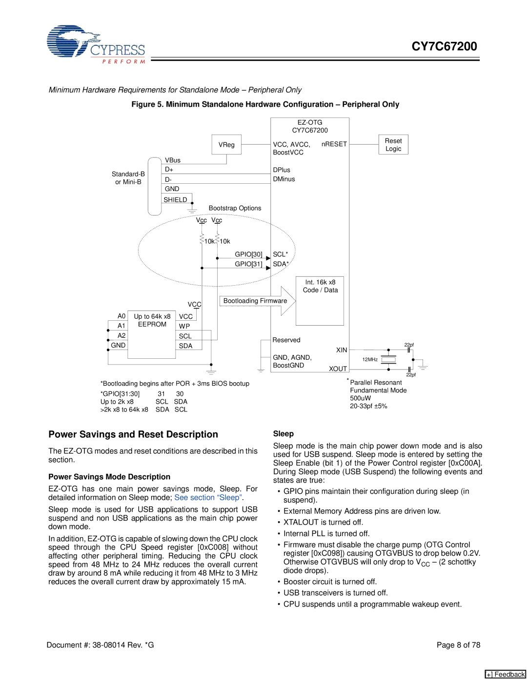 Cypress CY7C67200 manual Power Savings and Reset Description, Power Savings Mode Description, Sleep 