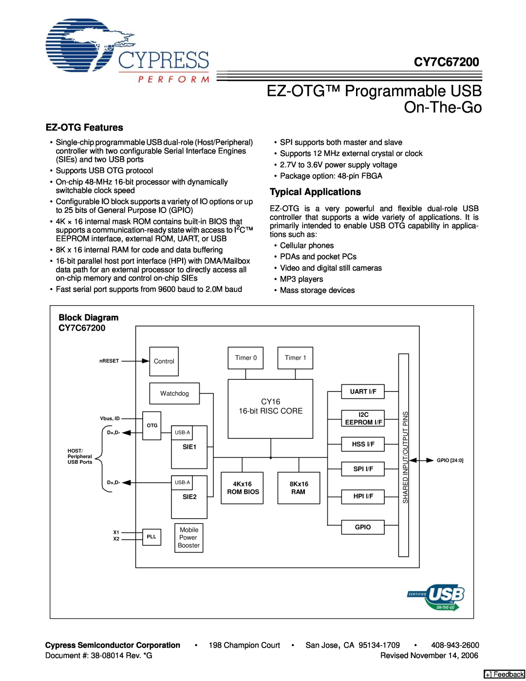 Cypress CY7C67200 manual EZ-OTG Features, Typical Applications, EZ-OTG Programmable USB On-The-Go, Block Diagram 