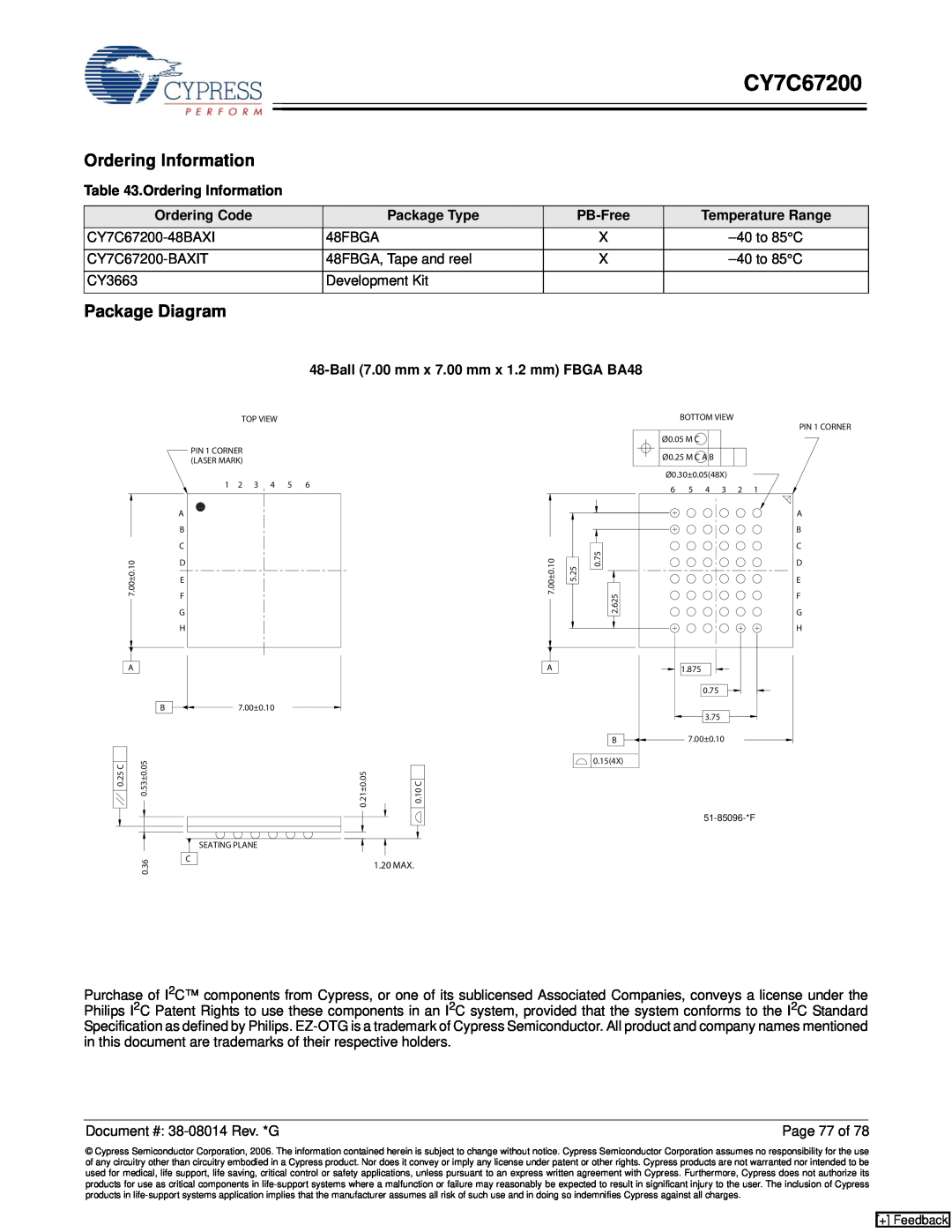 Cypress CY7C67200 manual Ordering Information, Package Diagram, Ordering Code, Package Type, PB-Free 