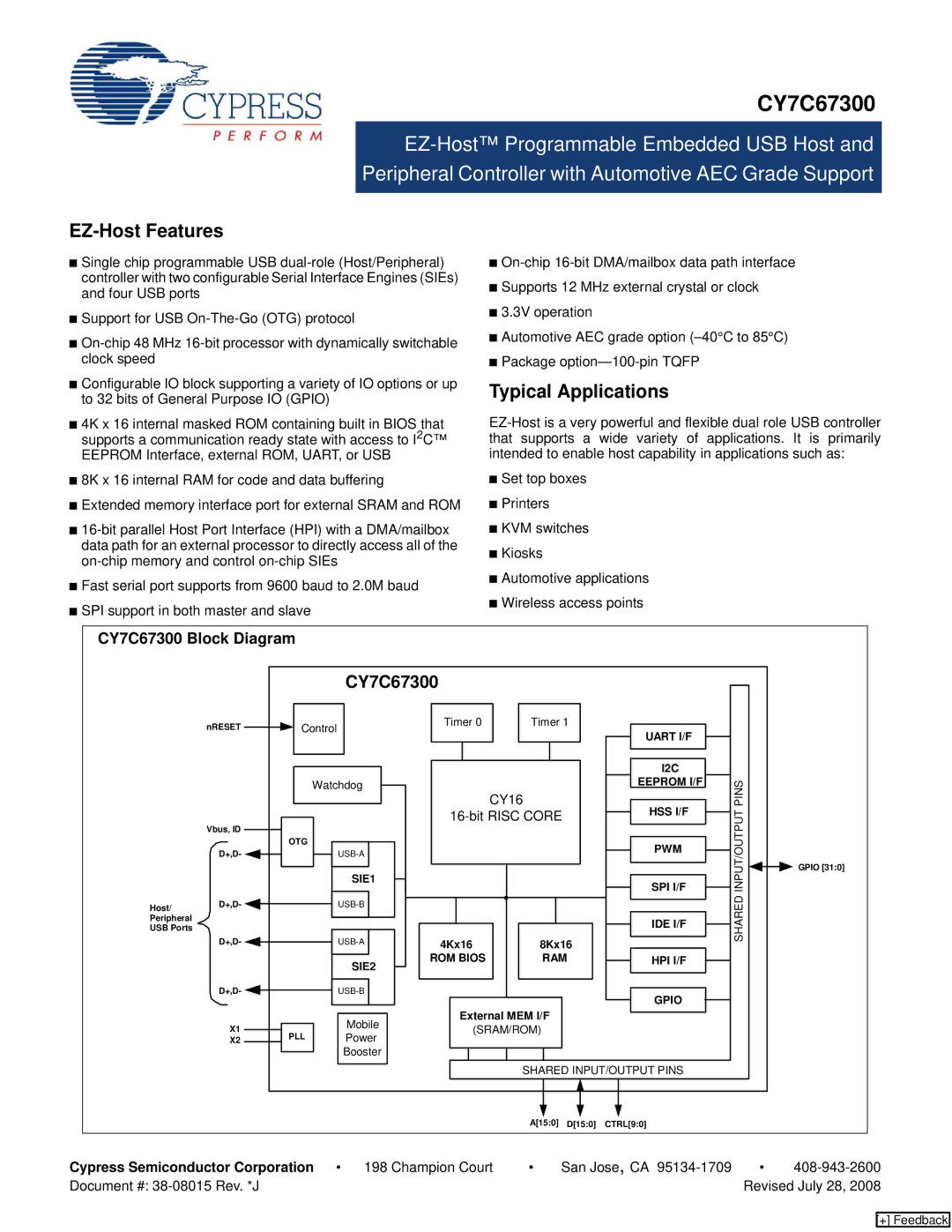 Cypress manual EZ-Host Features, Typical Applications, CY7C67300 Block Diagram 