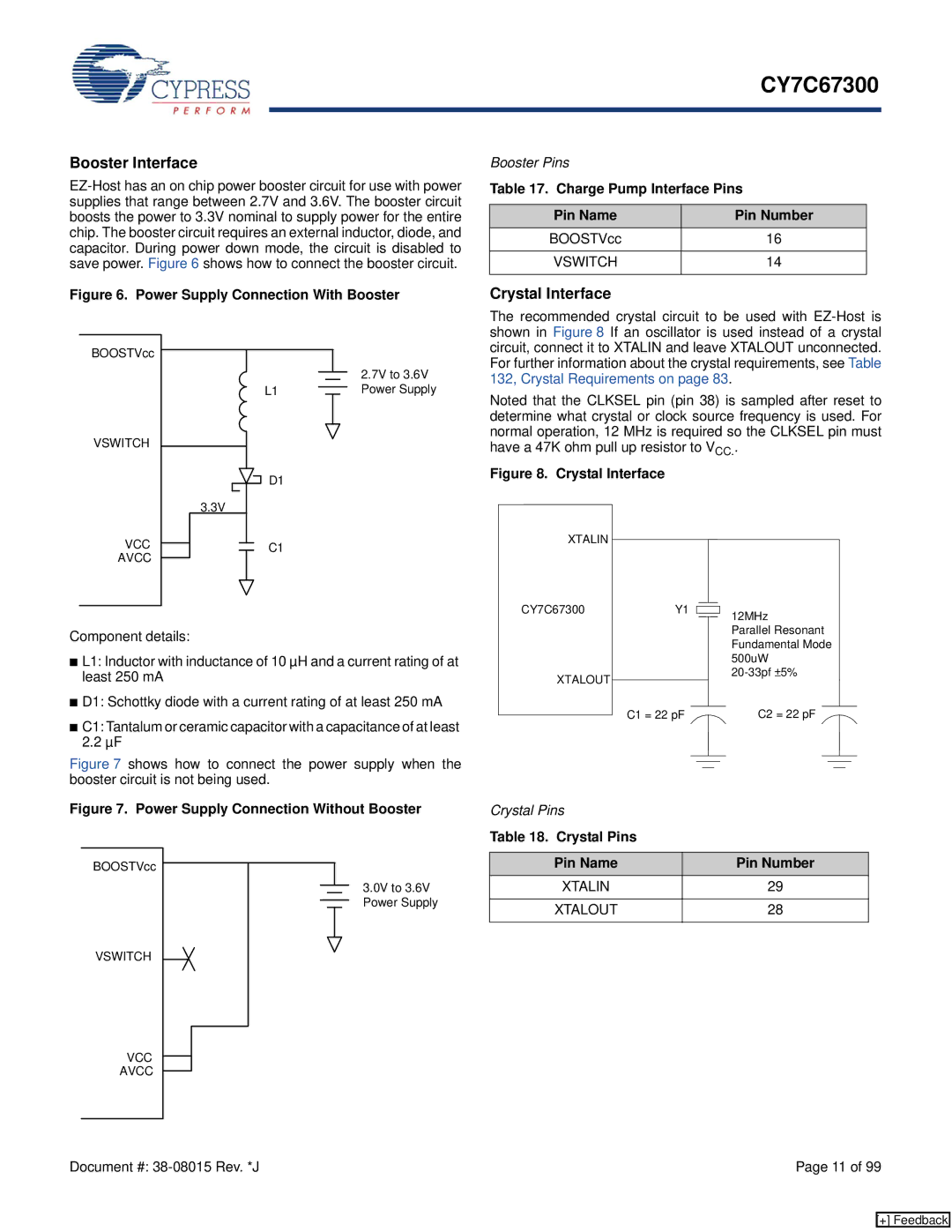 Cypress CY7C67300 manual Booster Interface, Crystal Interface, Booster Pins, Crystal Pins Pin Name Pin Number 