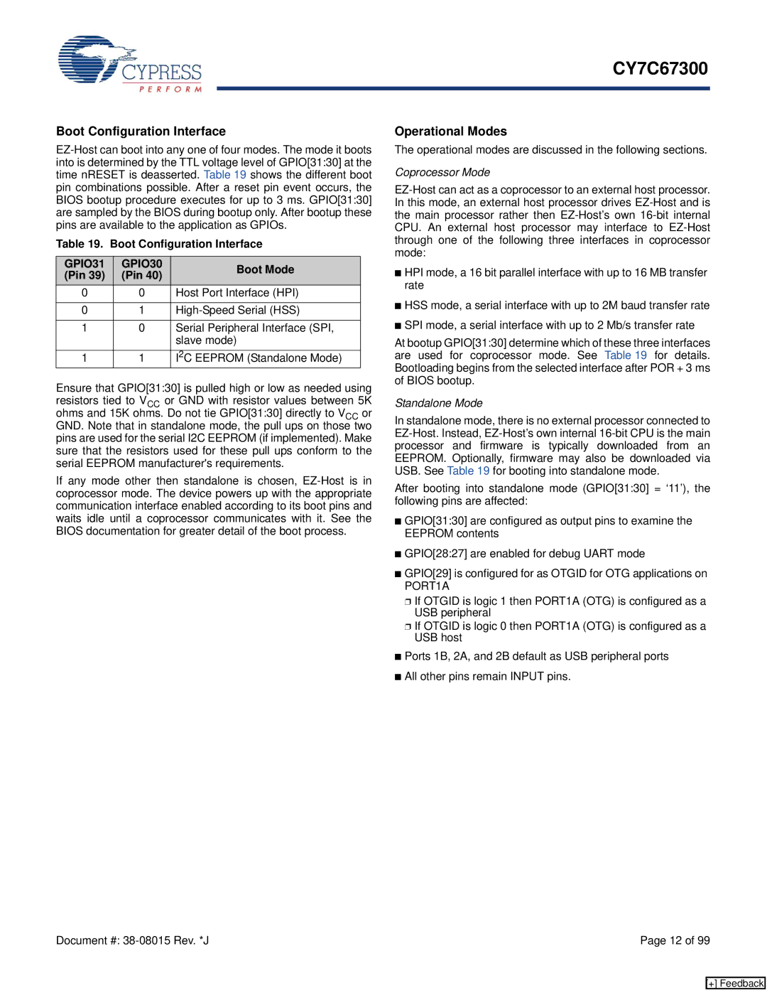 Cypress CY7C67300 manual Boot Configuration Interface, Operational Modes, Boot Mode, Pin 