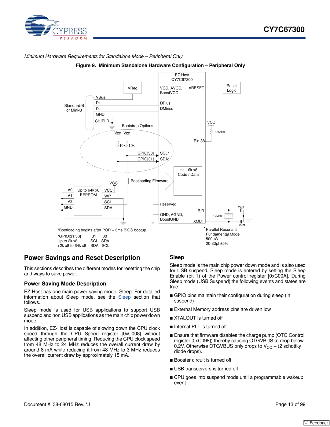Cypress CY7C67300 manual Power Savings and Reset Description, Power Saving Mode Description, Sleep 