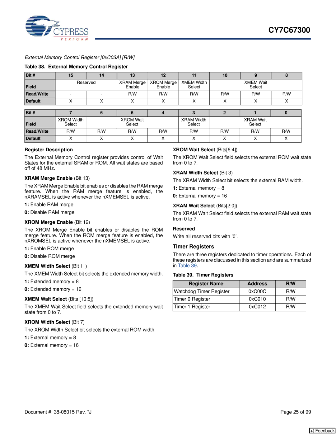 Cypress CY7C67300 manual Timer Registers 