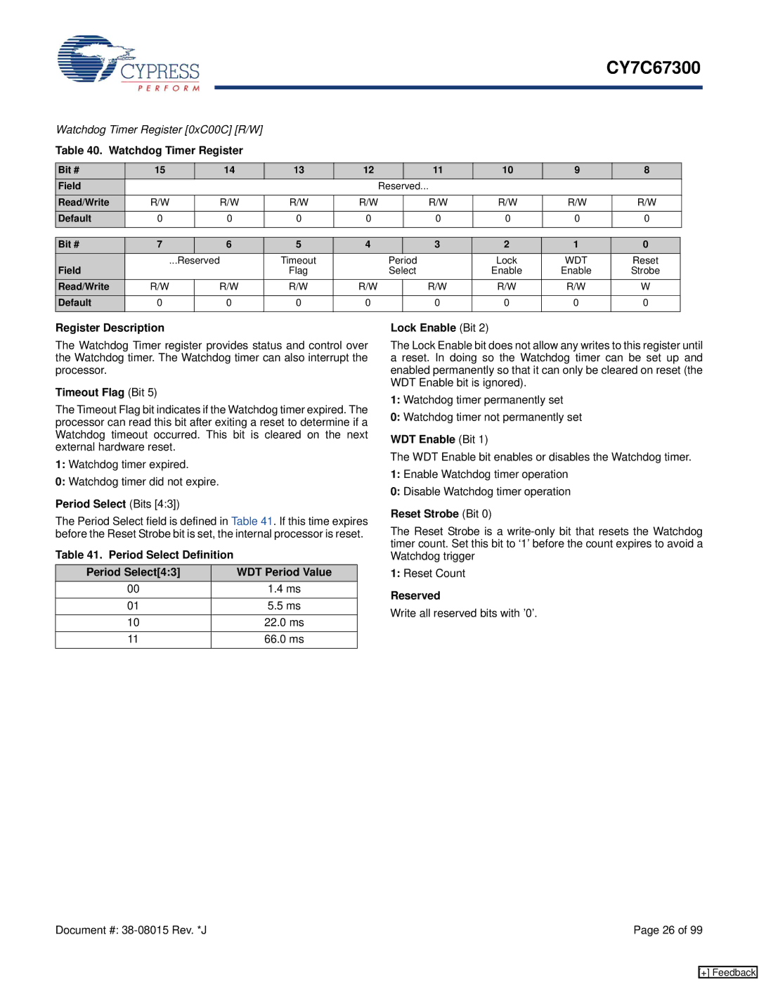Cypress CY7C67300 manual Watchdog Timer Register, Timeout Flag Bit, Period Select Bits, Lock Enable Bit, WDT Enable Bit 