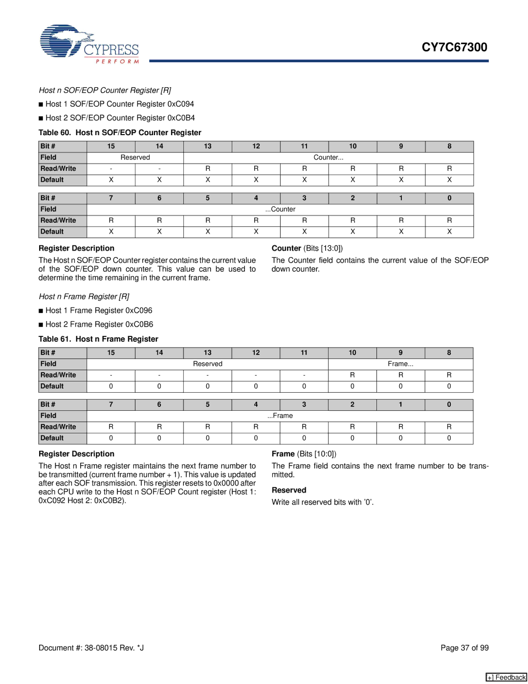 Cypress CY7C67300 manual Host n SOF/EOP Counter Register R, Host n Frame Register R 