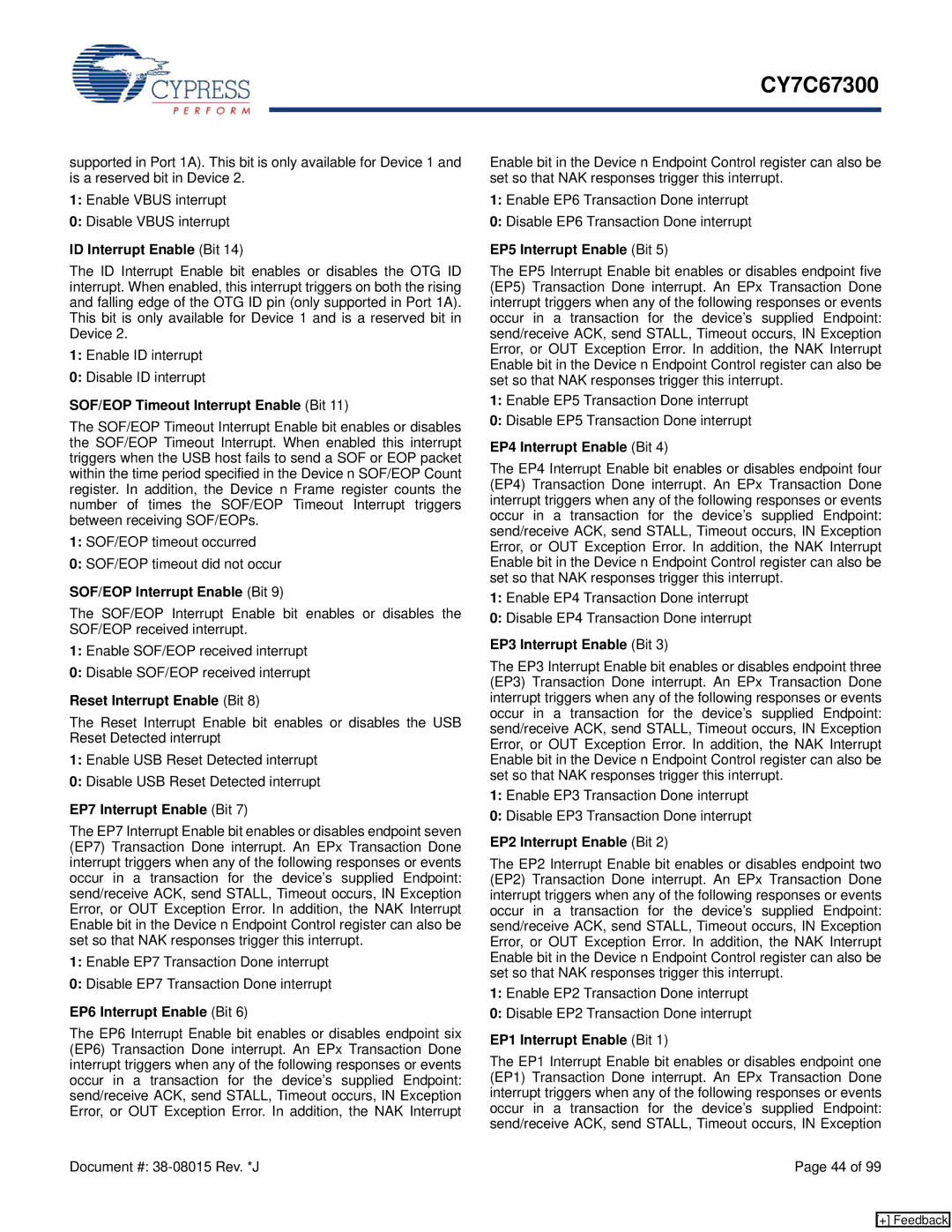 Cypress CY7C67300 manual SOF/EOP Timeout Interrupt Enable Bit, Reset Interrupt Enable Bit, EP7 Interrupt Enable Bit 