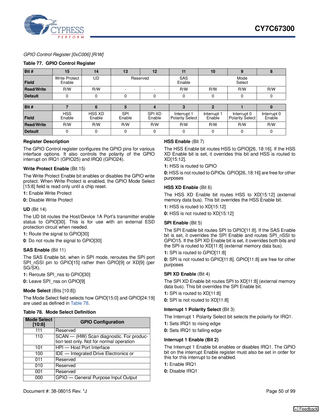 Cypress CY7C67300 manual Gpio Control Register, Write Protect Enable Bit, SAS Enable Bit, HSS Enable Bit, HSS XD Enable Bit 