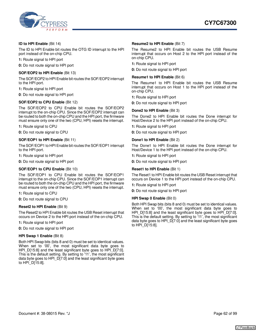 Cypress CY7C67300 ID to HPI Enable Bit, SOF/EOP2 to HPI Enable Bit, SOF/EOP2 to CPU Enable Bit, SOF/EOP1 to HPI Enable Bit 