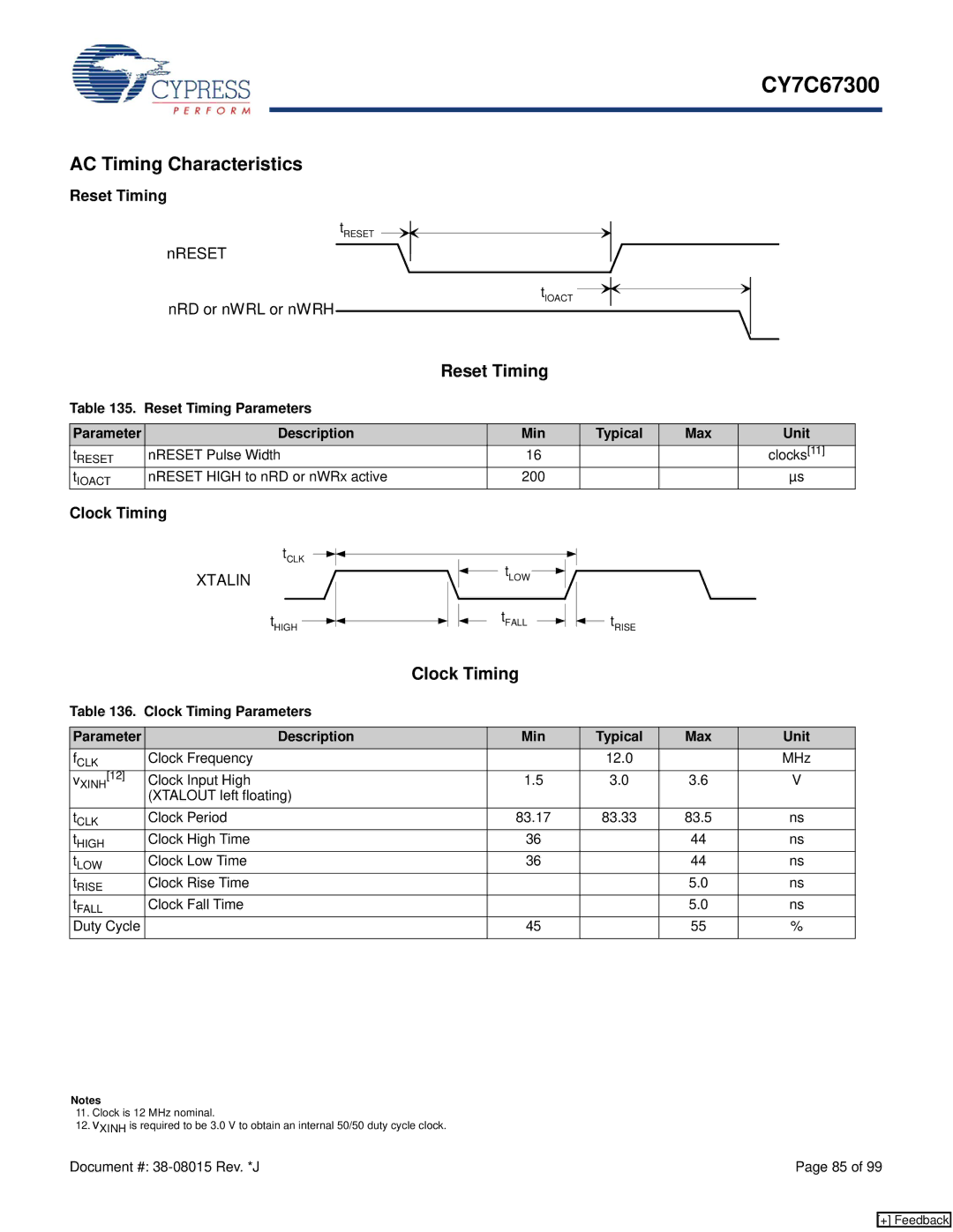 Cypress CY7C67300 manual AC Timing Characteristics, Reset Timing, Clock Timing 