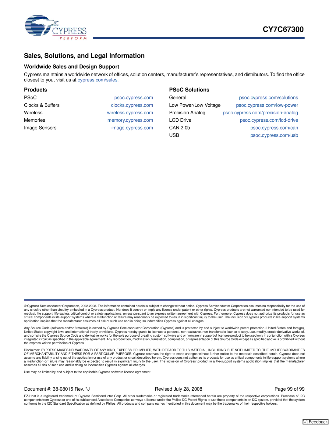 Cypress CY7C67300 Sales, Solutions, and Legal Information, Worldwide Sales and Design Support Products PSoC Solutions, Usb 