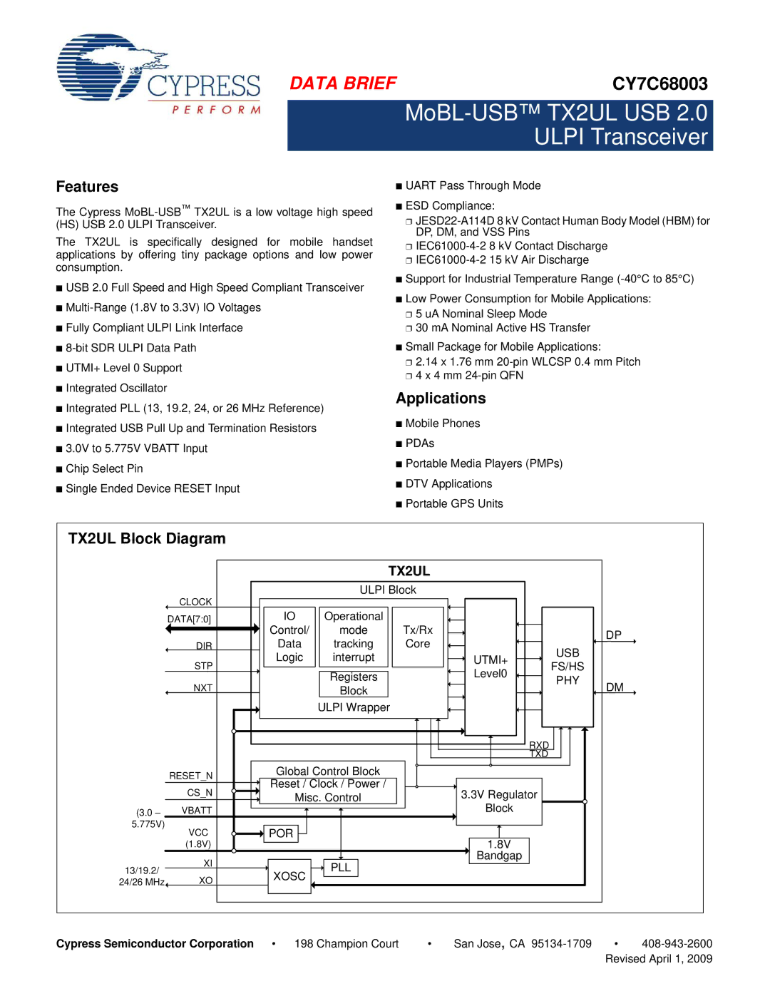 Cypress CY7C68003 manual Features, Applications, TX2UL Block Diagram, Cypress Semiconductor Corporation 