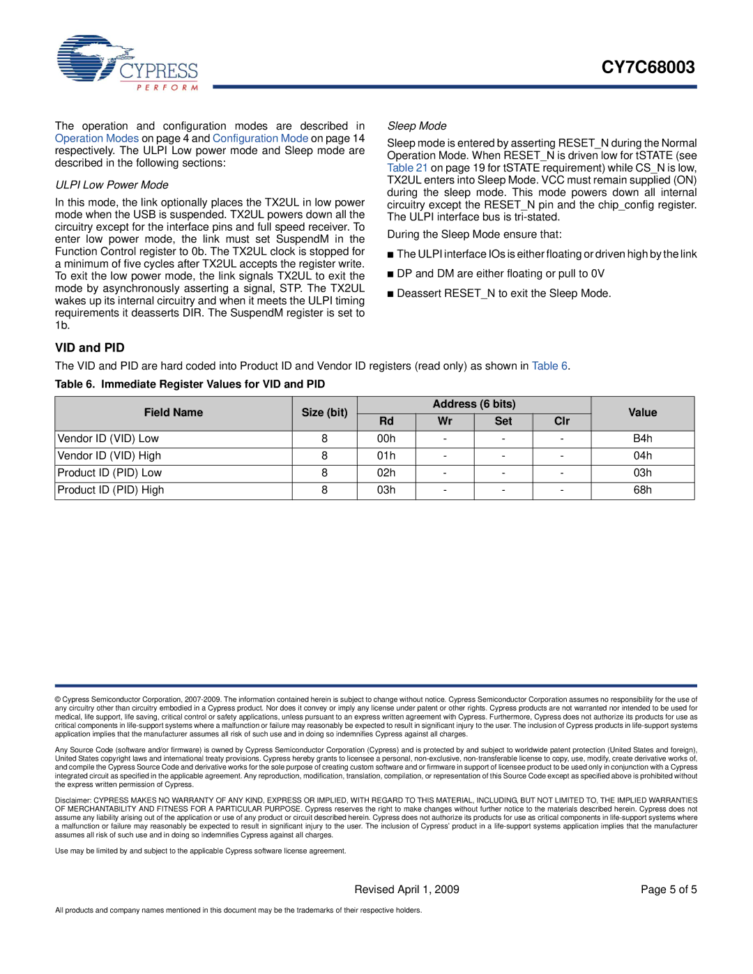 Cypress CY7C68003 manual VID and PID, Ulpi Low Power Mode, Sleep Mode 