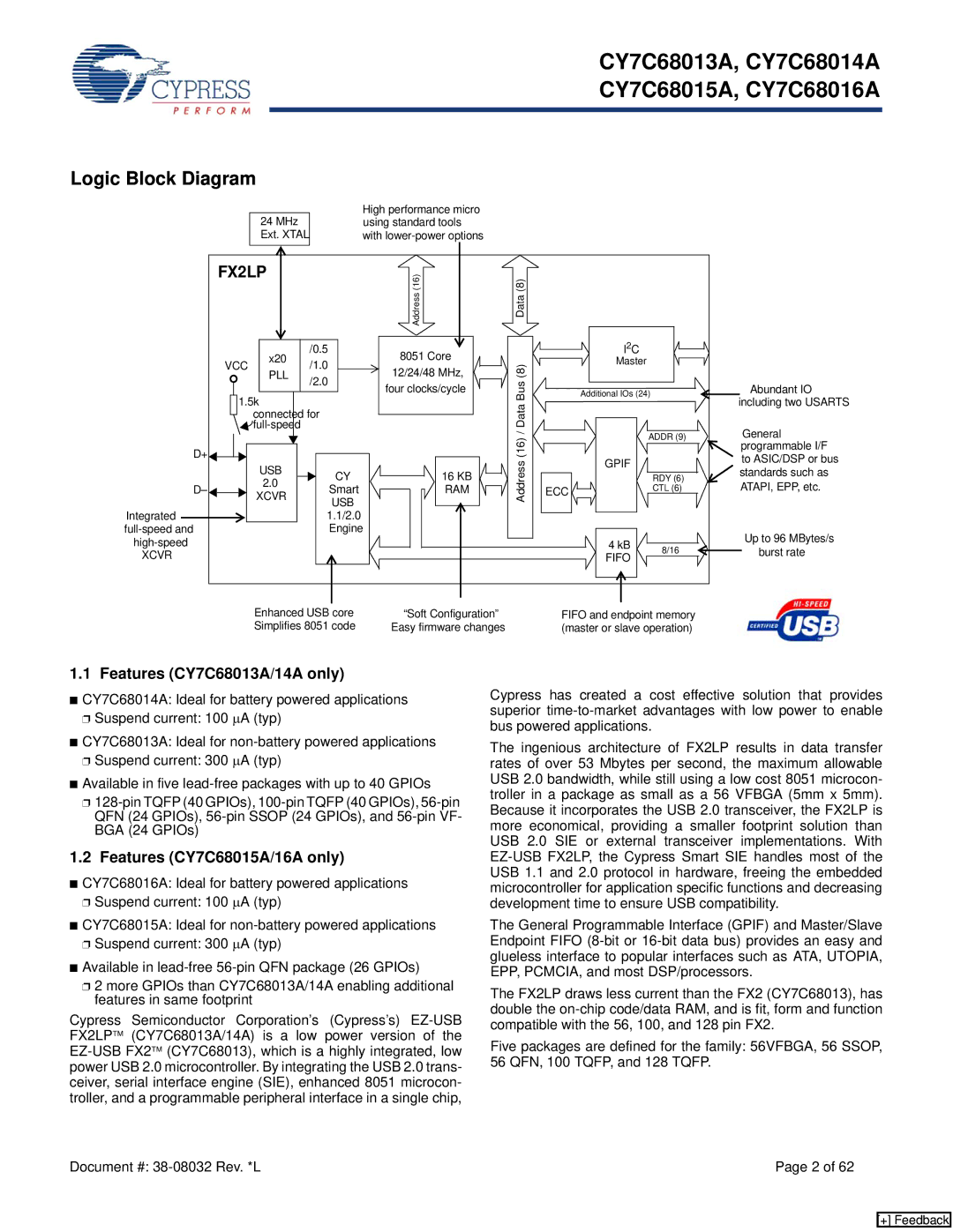 Cypress CY7C68016A, CY7C68014A manual Logic Block Diagram, Features CY7C68013A/14A only, Features CY7C68015A/16A only 