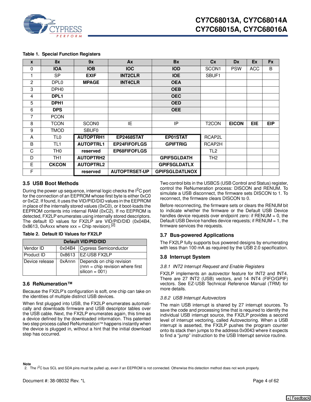 Cypress CY7C68013, CY7C68015A, CY7C68016A manual USB Boot Methods, ReNumeration, Bus-powered Applications, Interrupt System 
