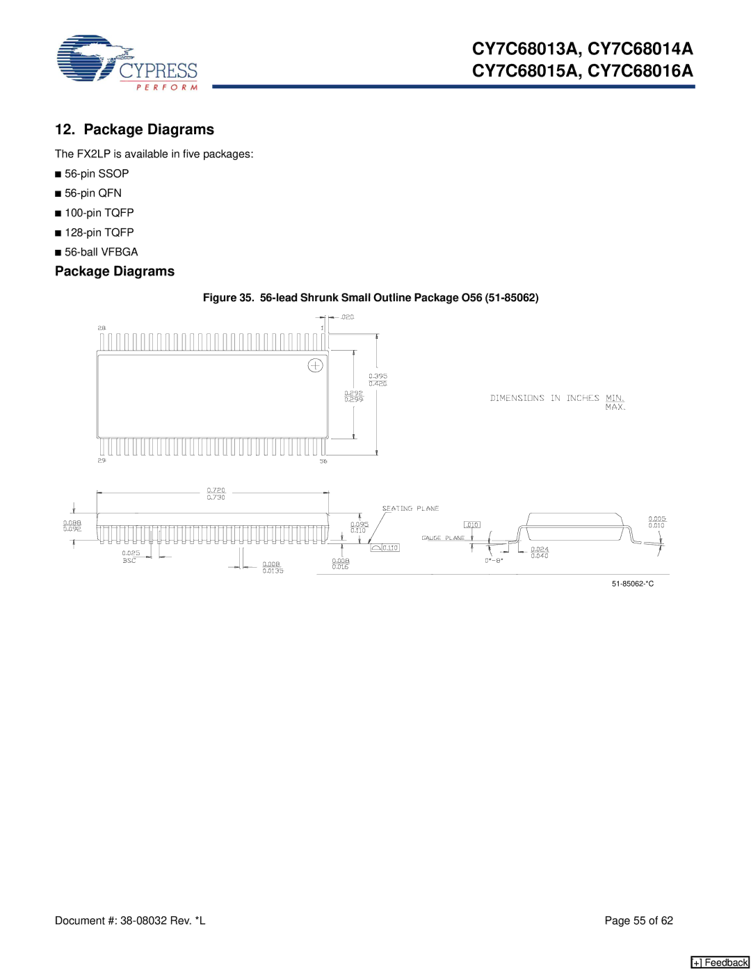 Cypress CY7C68014A, CY7C68013, CY7C68015A, CY7C68016A manual Package Diagrams, Lead Shrunk Small Outline Package O56 