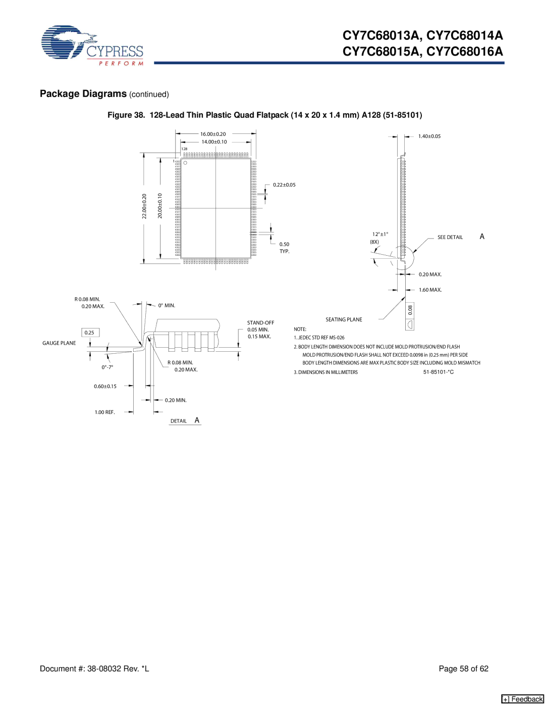 Cypress CY7C68016A, CY7C68013, CY7C68015A, CY7C68014A manual Lead Thin Plastic Quad Flatpack 14 x 20 x 1.4 mm A128 