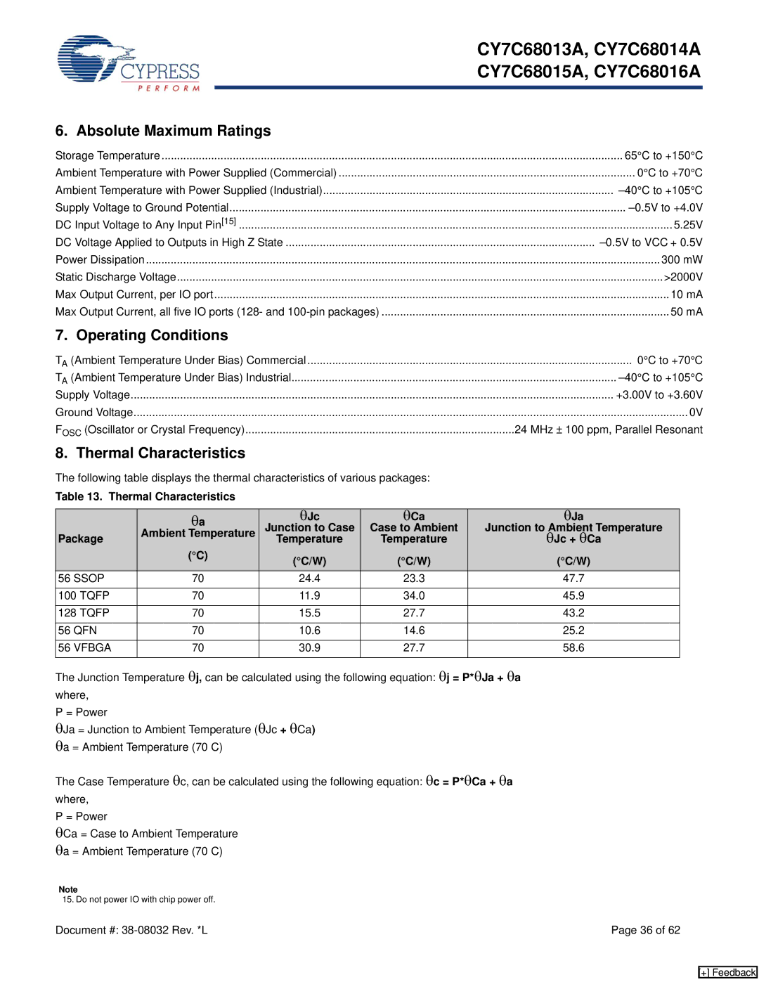 Cypress CY7C68013A manual Absolute Maximum Ratings, Operating Conditions, Thermal Characteristics, ΘJc + θCa 