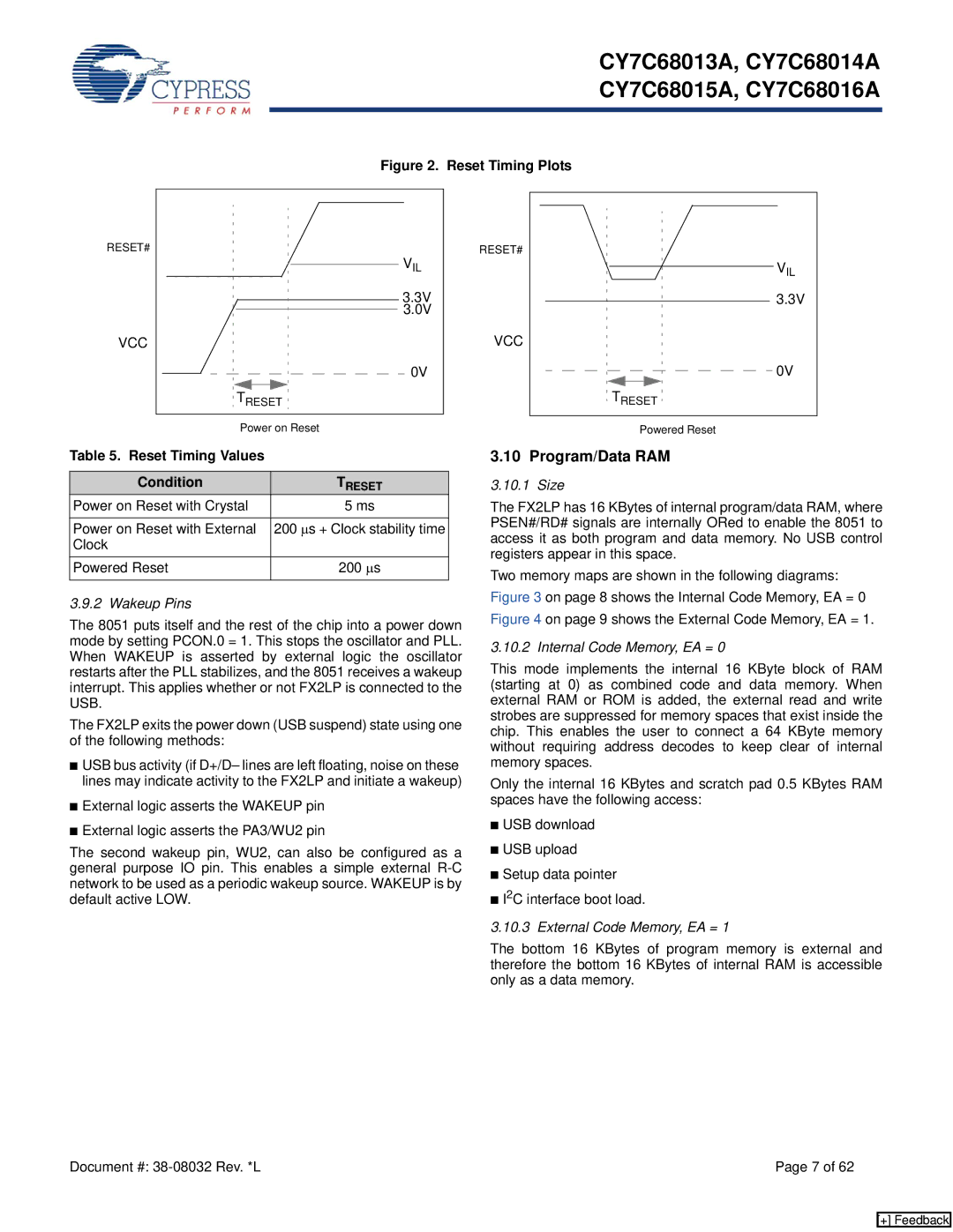 Cypress CY7C68013A manual Program/Data RAM, Reset Timing Values Condition 