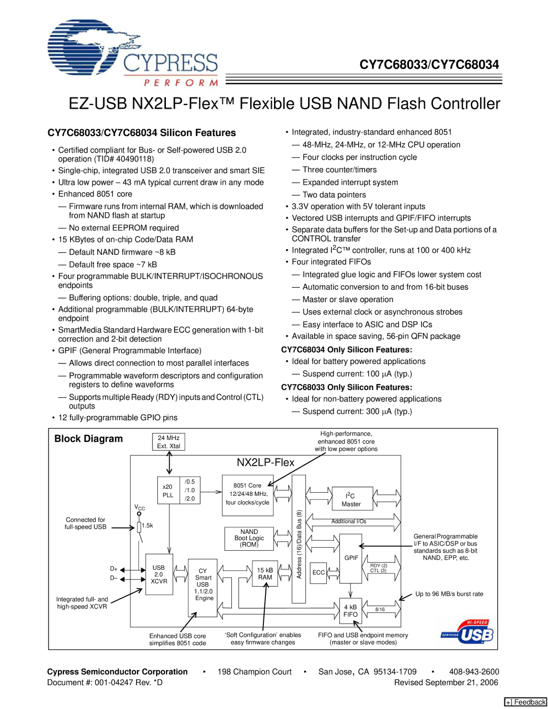 Cypress manual CY7C68033/CY7C68034 Silicon Features, Block Diagram, CY7C68034 Only Silicon Features 