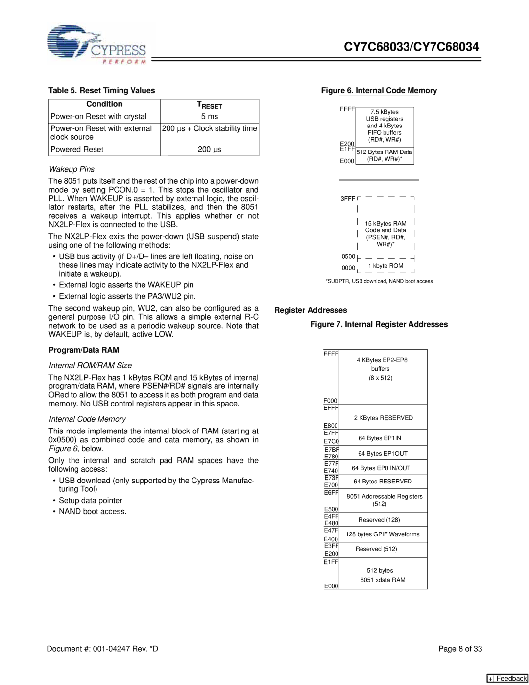 Cypress CY7C68033, CY7C68034 manual Reset Timing Values Condition, Program/Data RAM, Register Addresses 