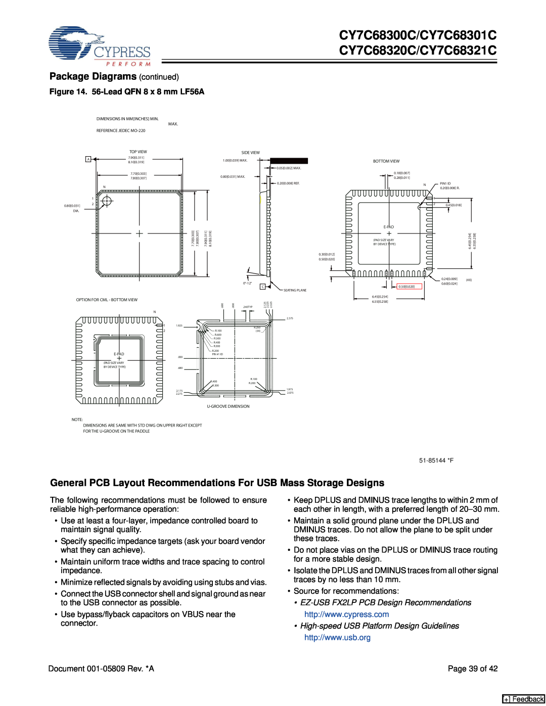 Cypress CY7C68300C General PCB Layout Recommendations For USB Mass Storage Designs, Package Diagrams continued, Page 39 of 
