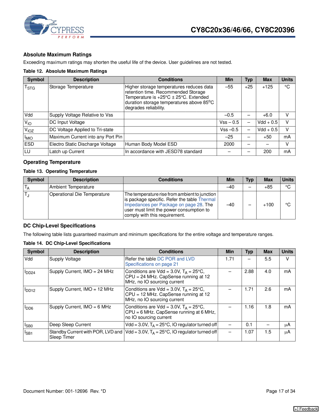 Cypress CY8C20396, CY8C20x46, CY8C20x36 manual Absolute Maximum Ratings, Operating Temperature, DC Chip-Level Specifications 