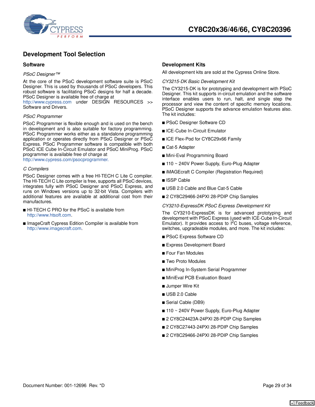 Cypress CY8C20396 manual Development Tool Selection, Software, All development kits are sold at the Cypress Online Store 