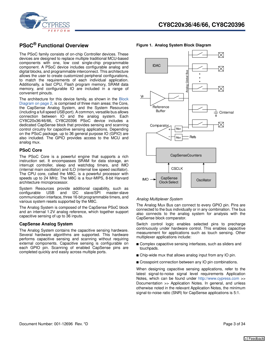 Cypress CY8C20x66, CY8C20x46, CY8C20396, CY8C20x36 manual PSoC Functional Overview, PSoC Core, CapSense Analog System 