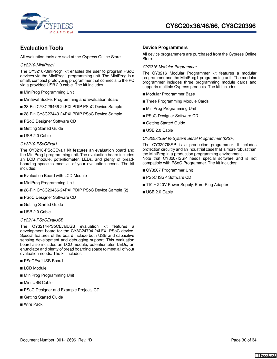 Cypress CY8C20x36 manual Evaluation Tools, Device Programmers, All evaluation tools are sold at the Cypress Online Store 