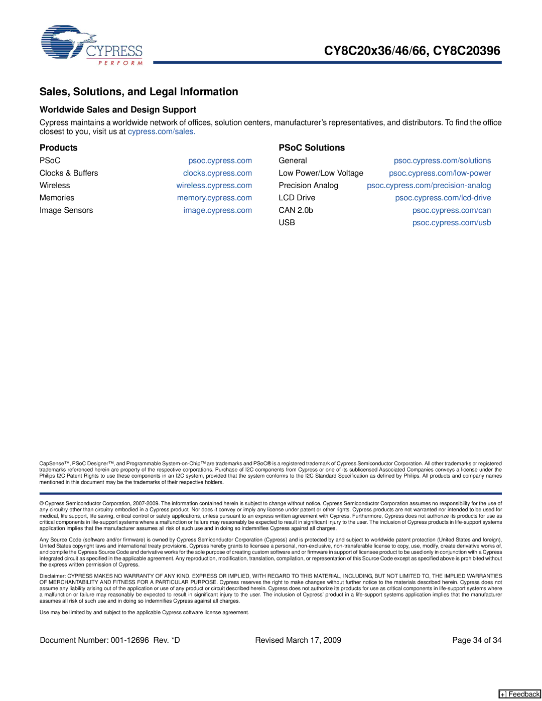 Cypress CY8C20x36 Sales, Solutions, and Legal Information, Worldwide Sales and Design Support Products PSoC Solutions 