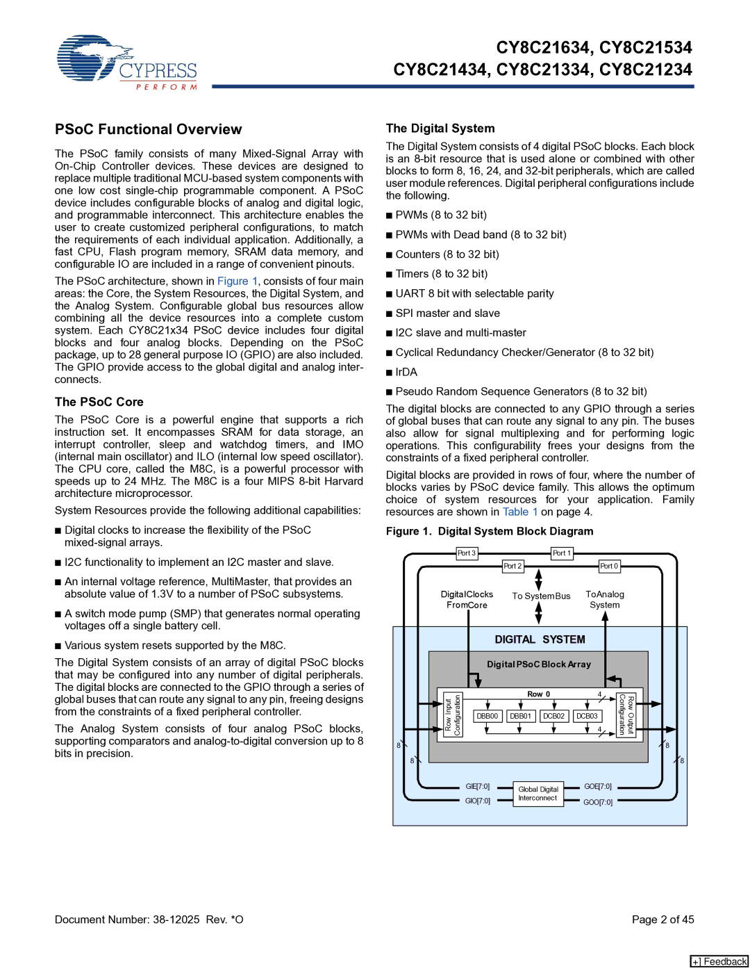 Cypress CY8C21234, CY8C21334, CY8C21634, CY8C21434, CY8C21534 manual PSoC Functional Overview, PSoC Core, Digital System 