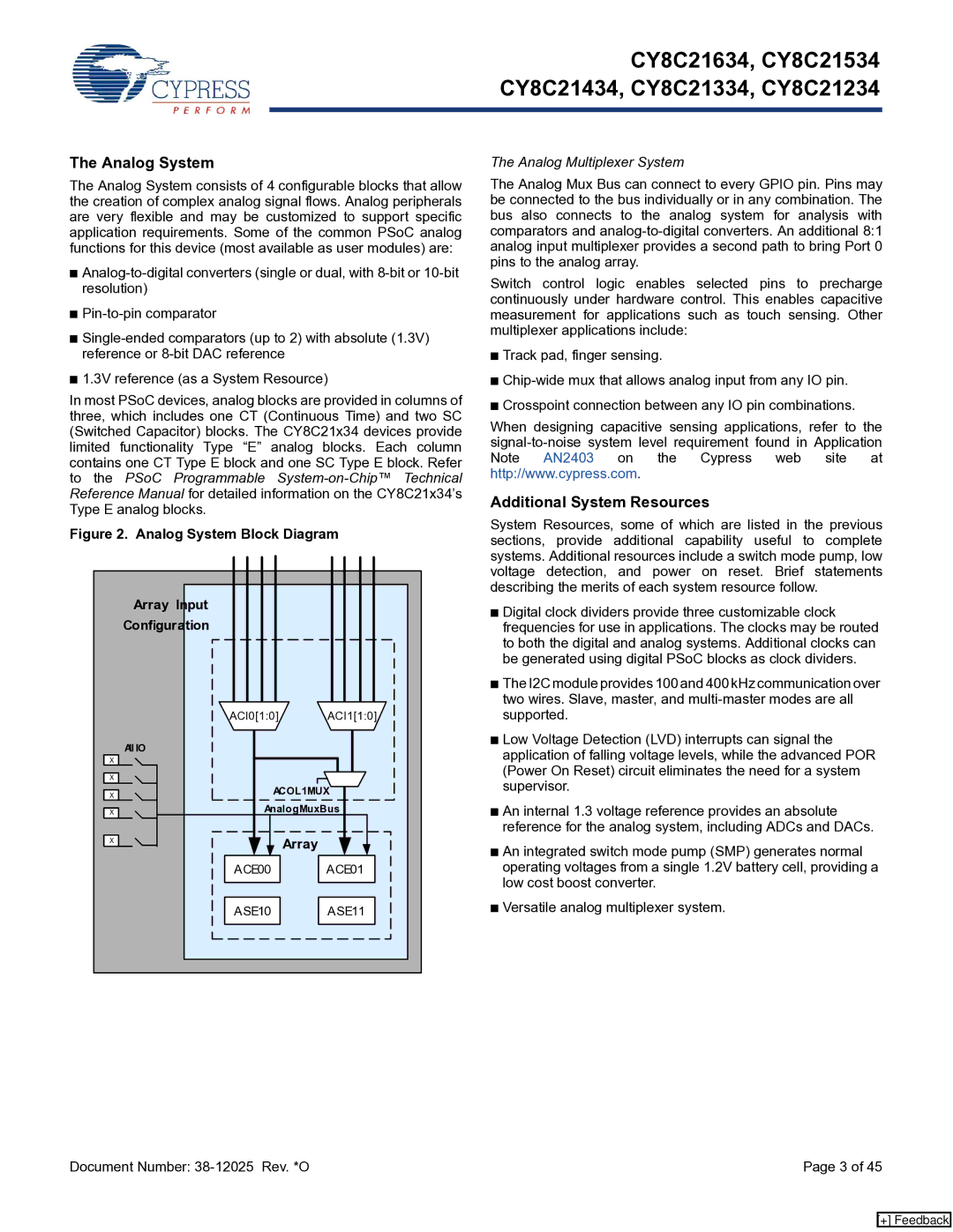 Cypress CY8C21434, CY8C21334, CY8C21634 manual Analog System, Additional System Resources, Array, Analog Multiplexer System 