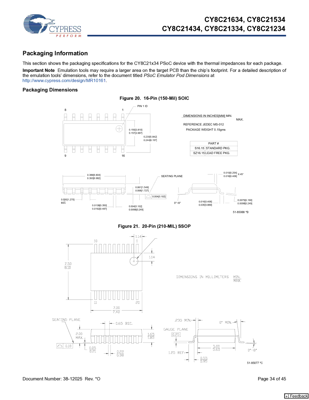 Cypress CY8C21534, CY8C21334, CY8C21634, CY8C21234, CY8C21434 manual Packaging Information, Packaging Dimensions 