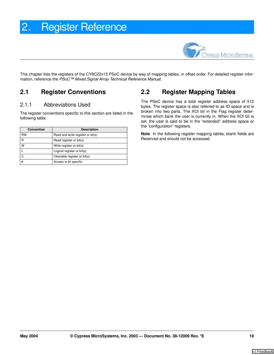 Cypress CY8C22113, CY8C22213 manual Register Reference, Register Conventions, Register Mapping Tables, Abbreviations Used 