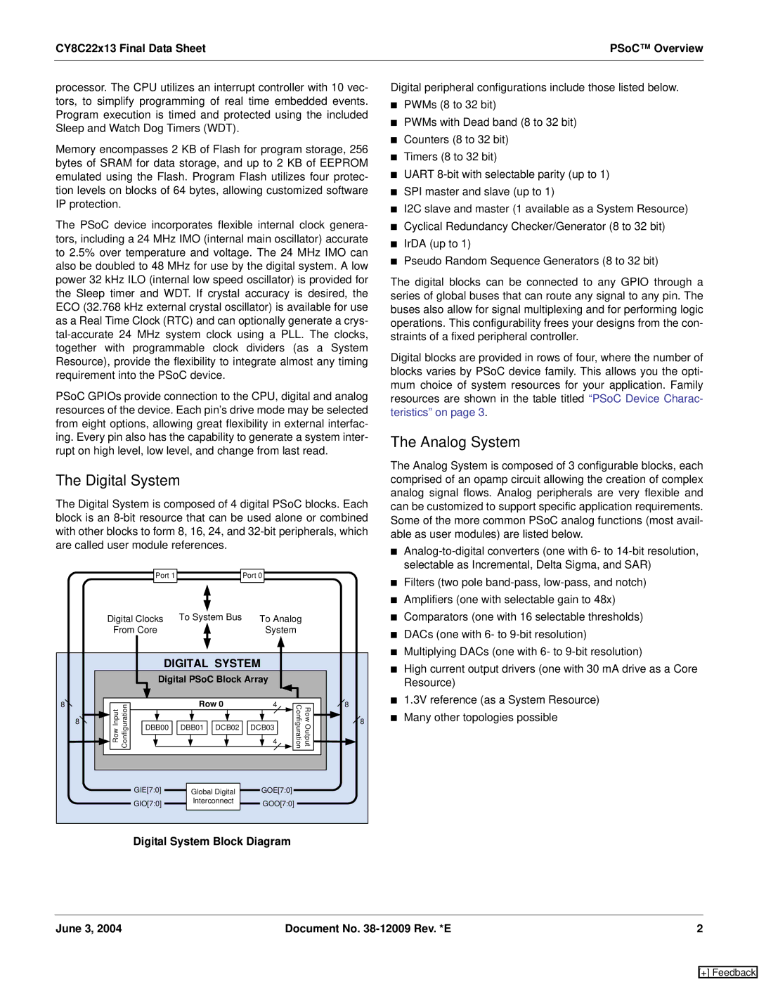 Cypress CY8C22113, CY8C22213 Analog System, CY8C22x13 Final Data Sheet PSoC Overview, Digital System Block Diagram 