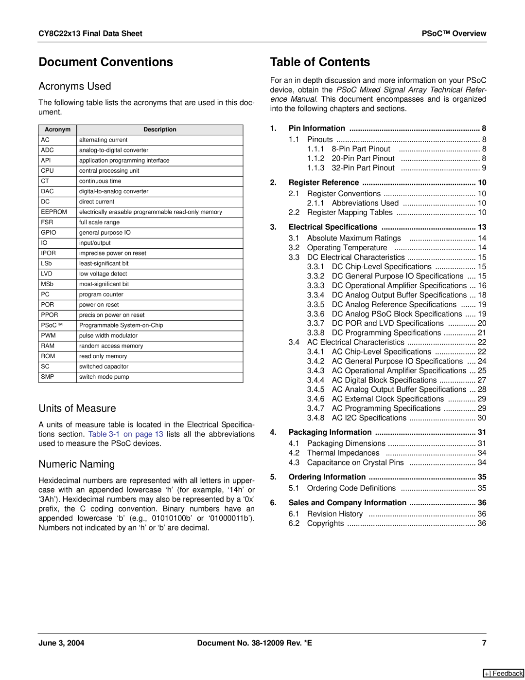 Cypress CY8C22213, CY8C22113 manual Document Conventions, Table of Contents 