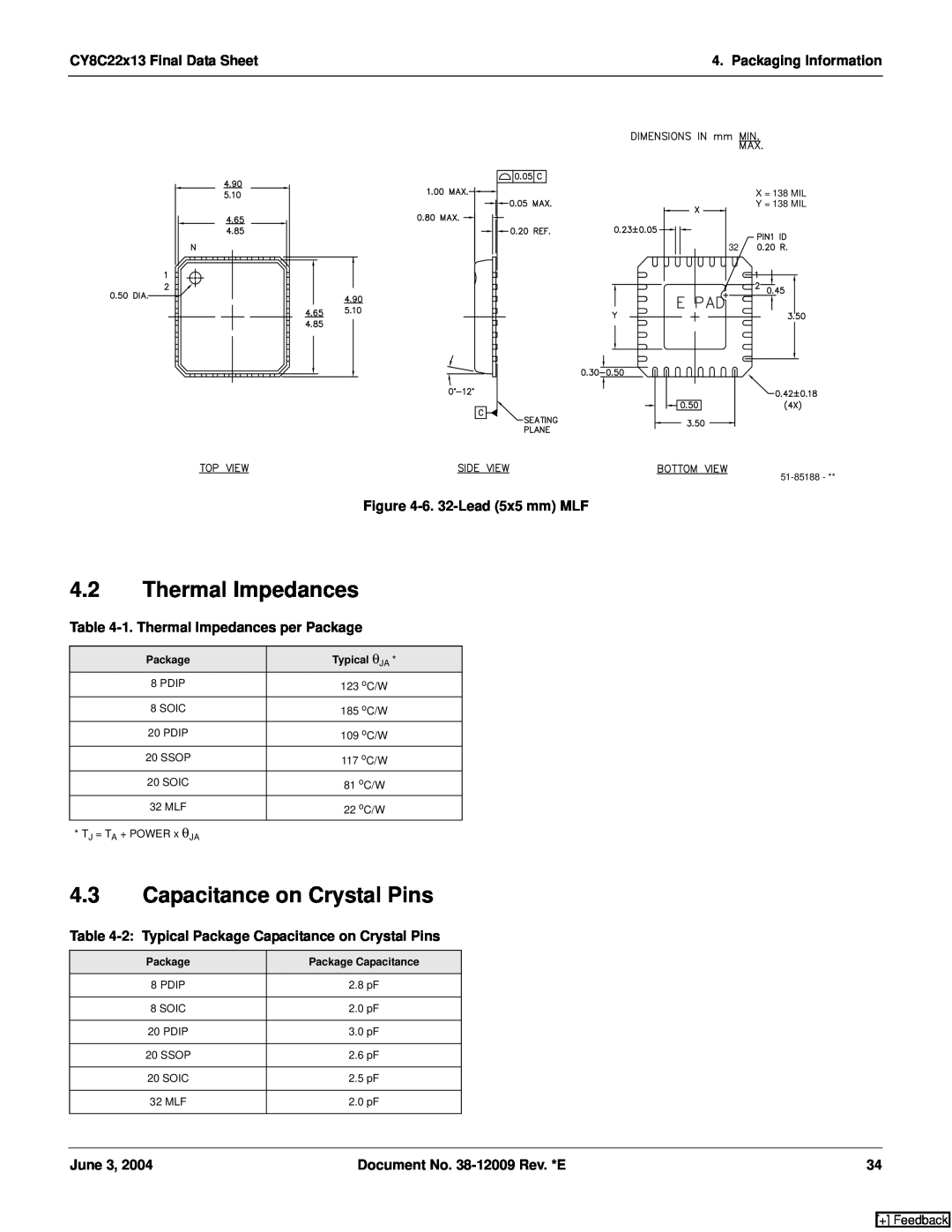 Cypress CY8C22113 manual Thermal Impedances, Capacitance on Crystal Pins, 6. 32-Lead 5x5 mm MLF, CY8C22x13 Final Data Sheet 