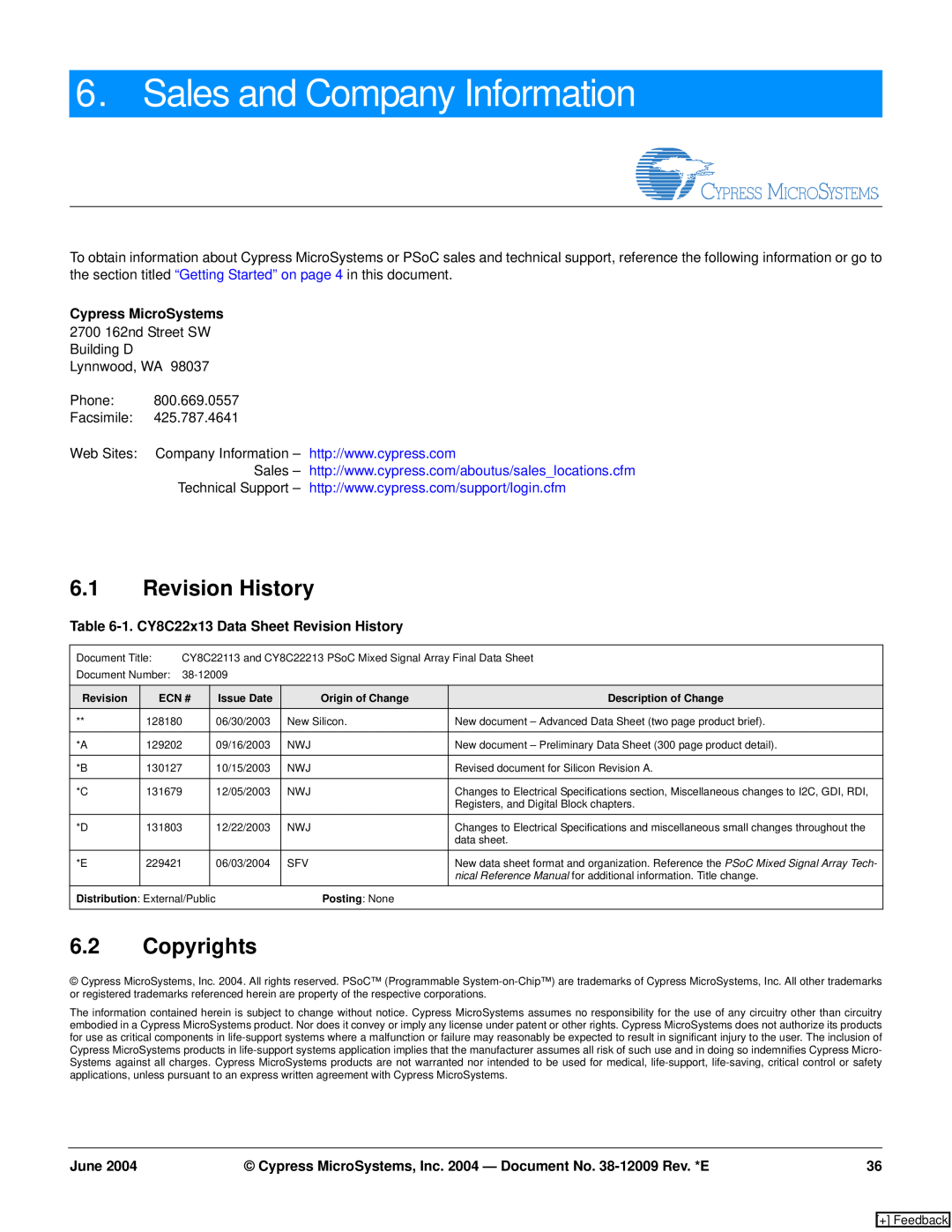 Cypress CY8C22113, CY8C22213 manual Sales and Company Information, Revision History, Copyrights, Cypress MicroSystems, June 