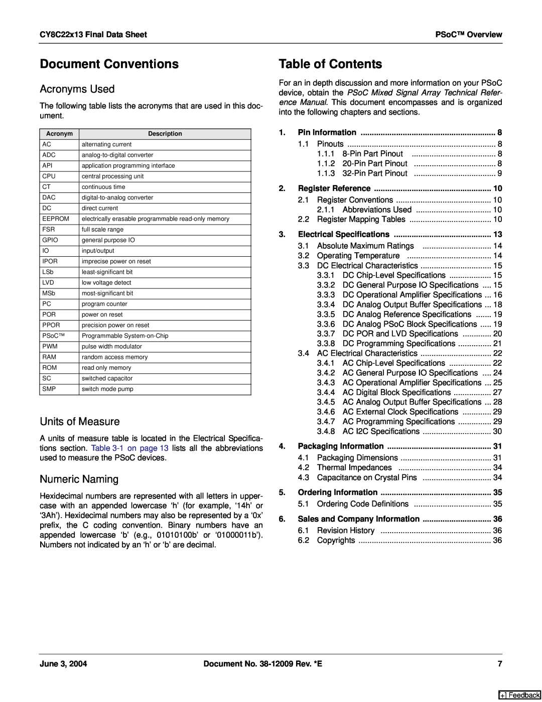 Cypress CY8C22213 Document Conventions, Table of Contents, Acronyms Used, Units of Measure, Numeric Naming, PSoC Overview 
