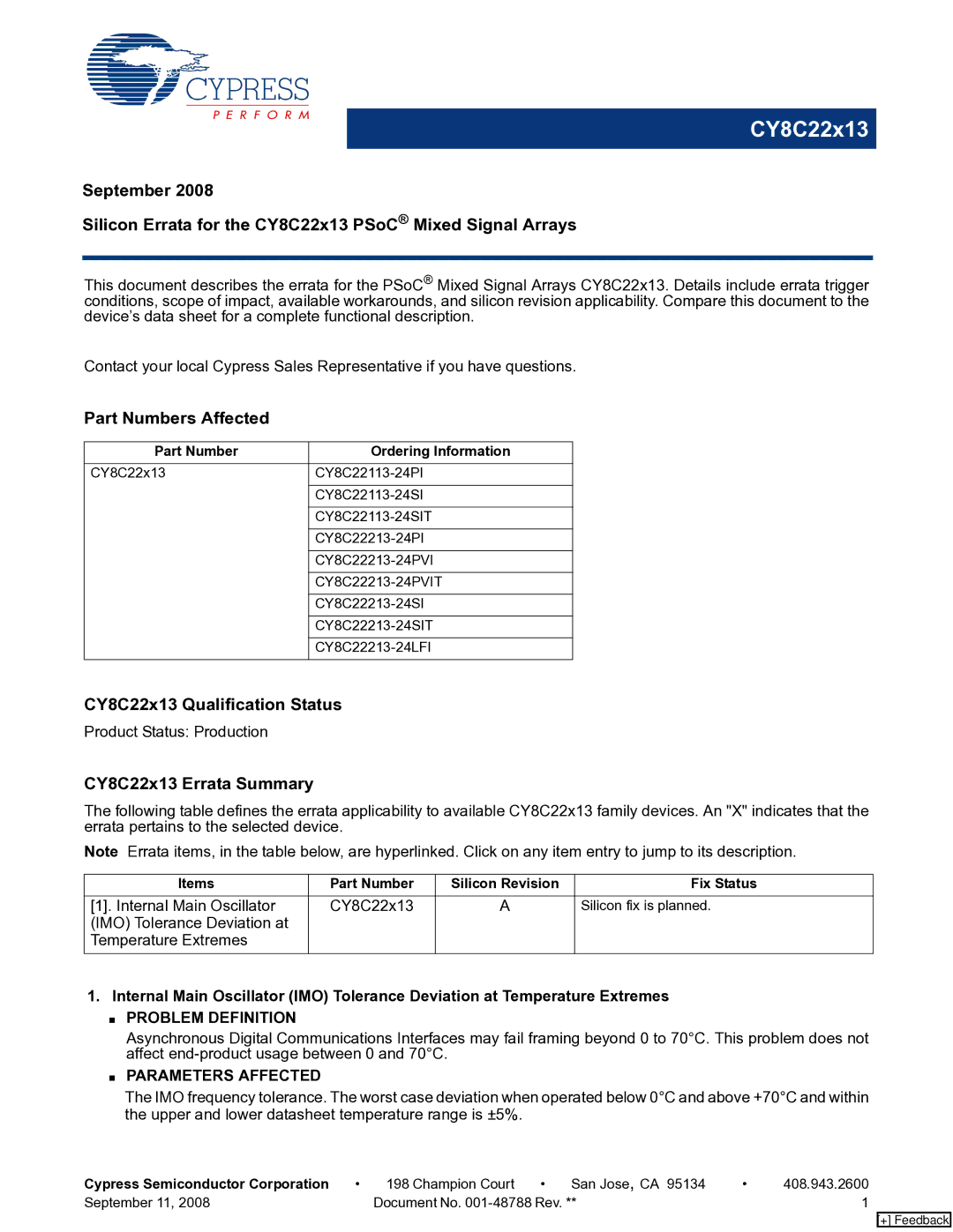 Cypress manual Part Numbers Affected, CY8C22x13 Qualification Status, CY8C22x13 Errata Summary, Problem Definition 