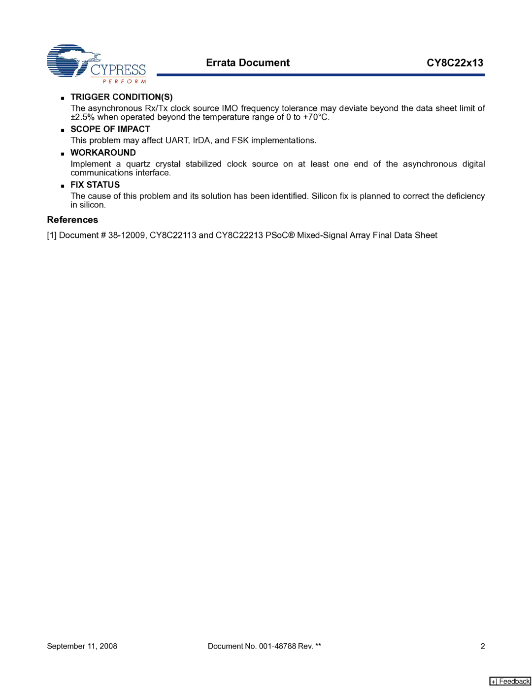 Cypress CY8C22x13 manual References, Trigger Conditions, Scope of Impact, Workaround, FIX Status 