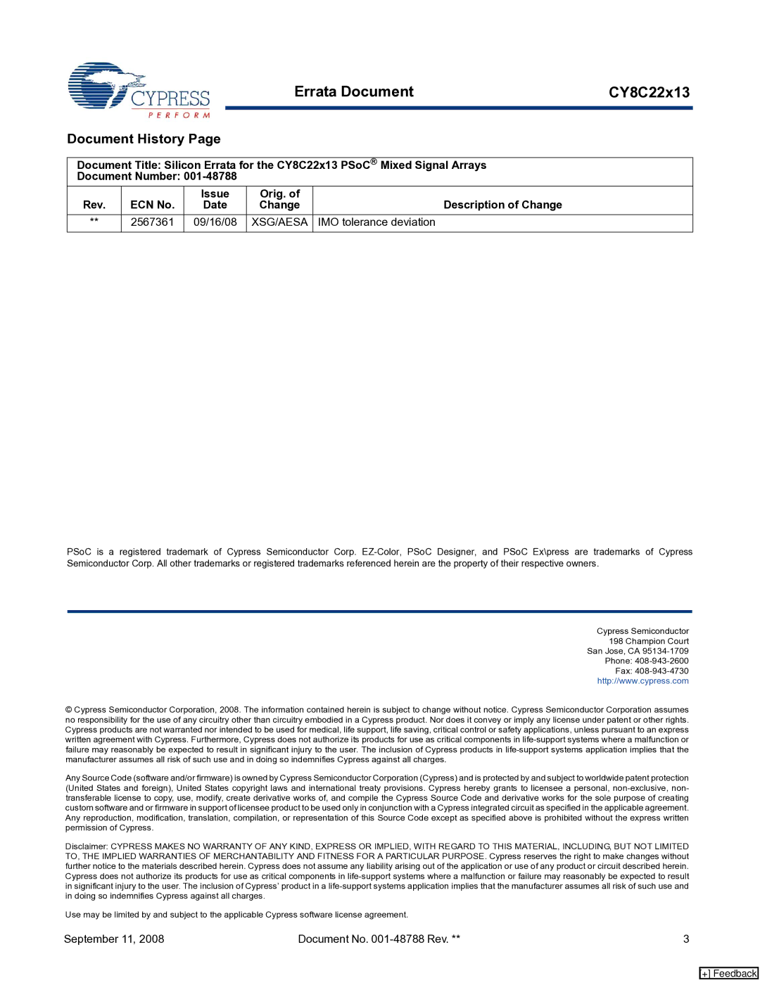 Cypress CY8C22x13 manual Document History, IMO tolerance deviation 