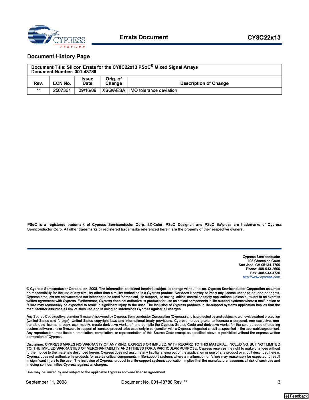 Cypress CY8C22x13 manual Document History Page, Errata Document 