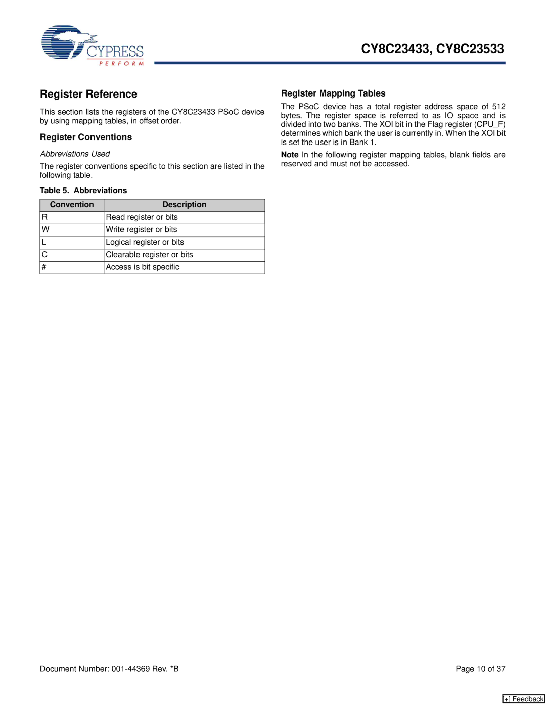 Cypress CY8C23533, CY8C23433 manual Register Reference, Register Conventions, Register Mapping Tables, Abbreviations Used 